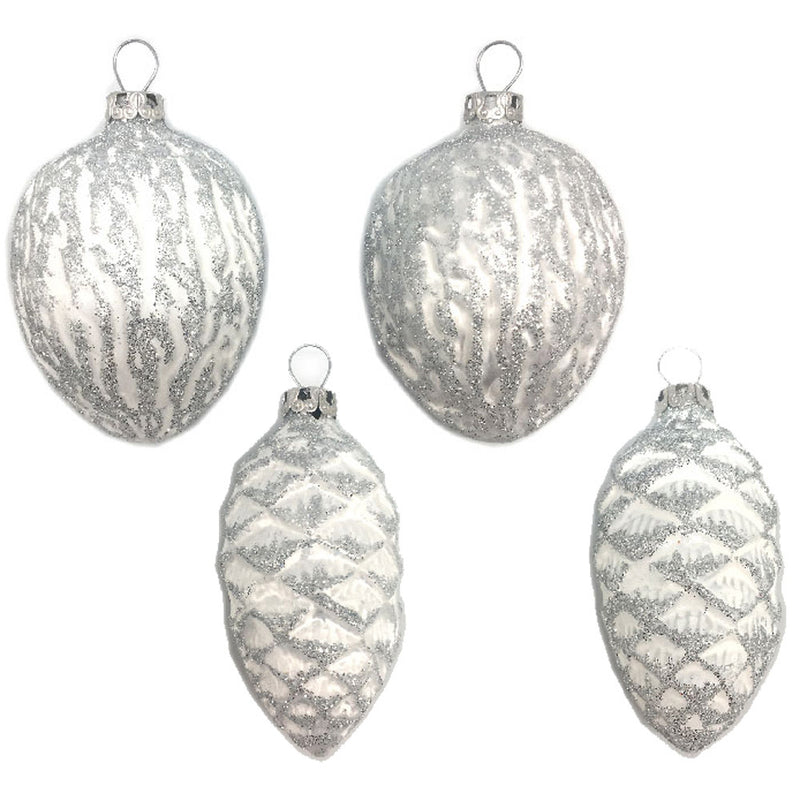 Thüringer Glasdesign Zapfen & Nüsse Set 4-tlg. | 6 cm | Weiß