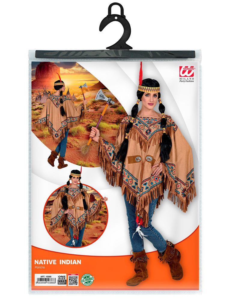 Indianerin Fransen Poncho für Damen | Braun Blau