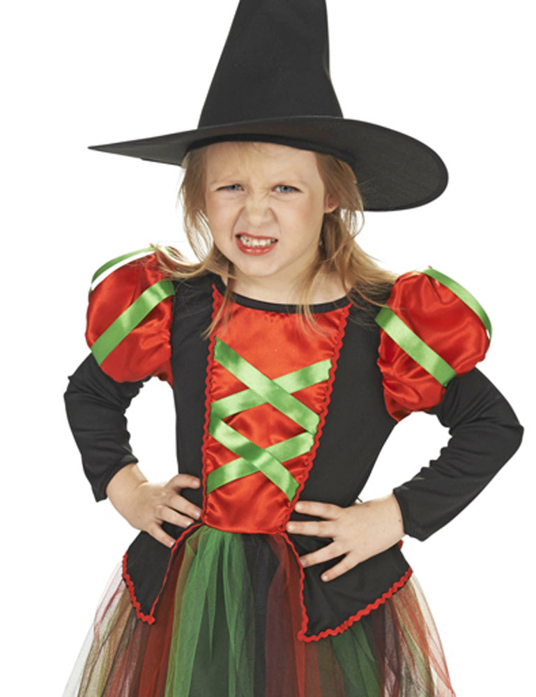 Kinder Hexenkostüm Maivi mit Hexenhut - Schwarz Rot Grün