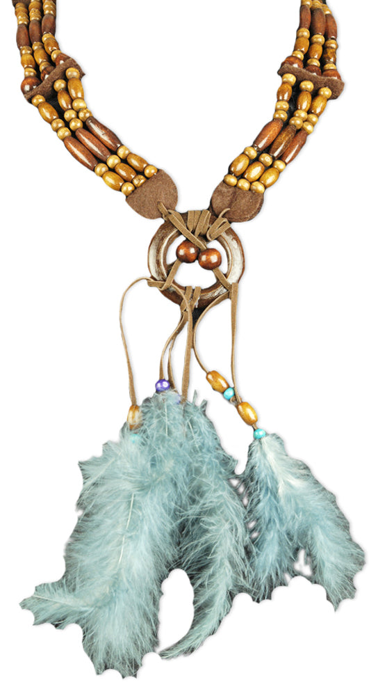 Indianer Halskette mit Holzperlen und Federn