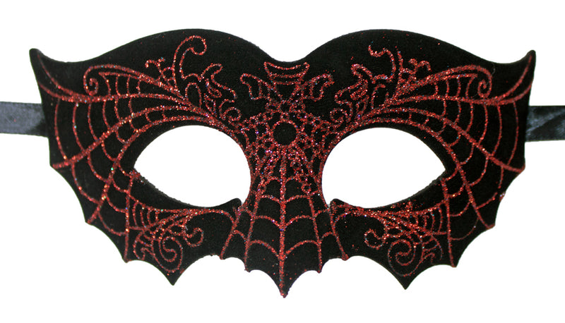 Fledermaus Augenmaske - Schwarz mit rotem Glitzer Spinnennetz