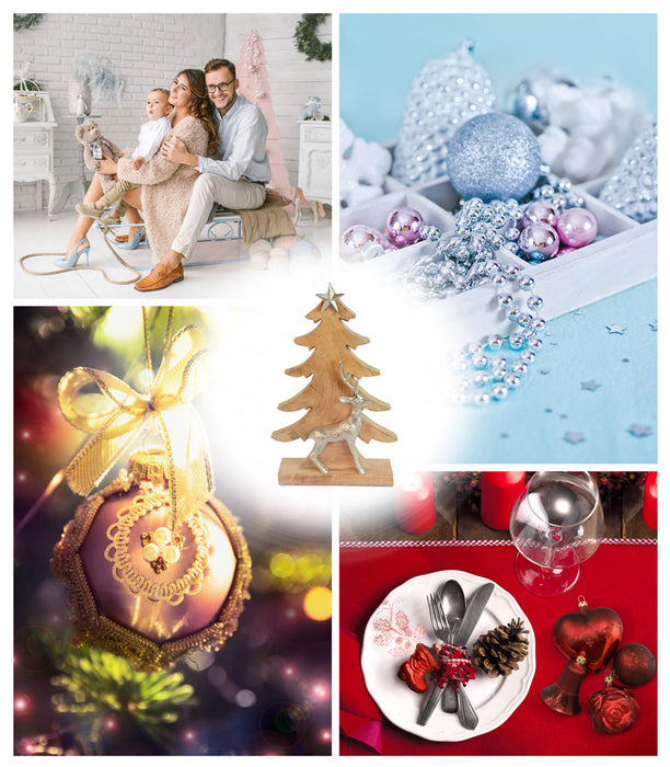 Riffelmacher Deko Weihnachtsbaum mit Hirsch 74553 - Mangoholz Aluminium - Natur Silber - 39,5 x 24,5