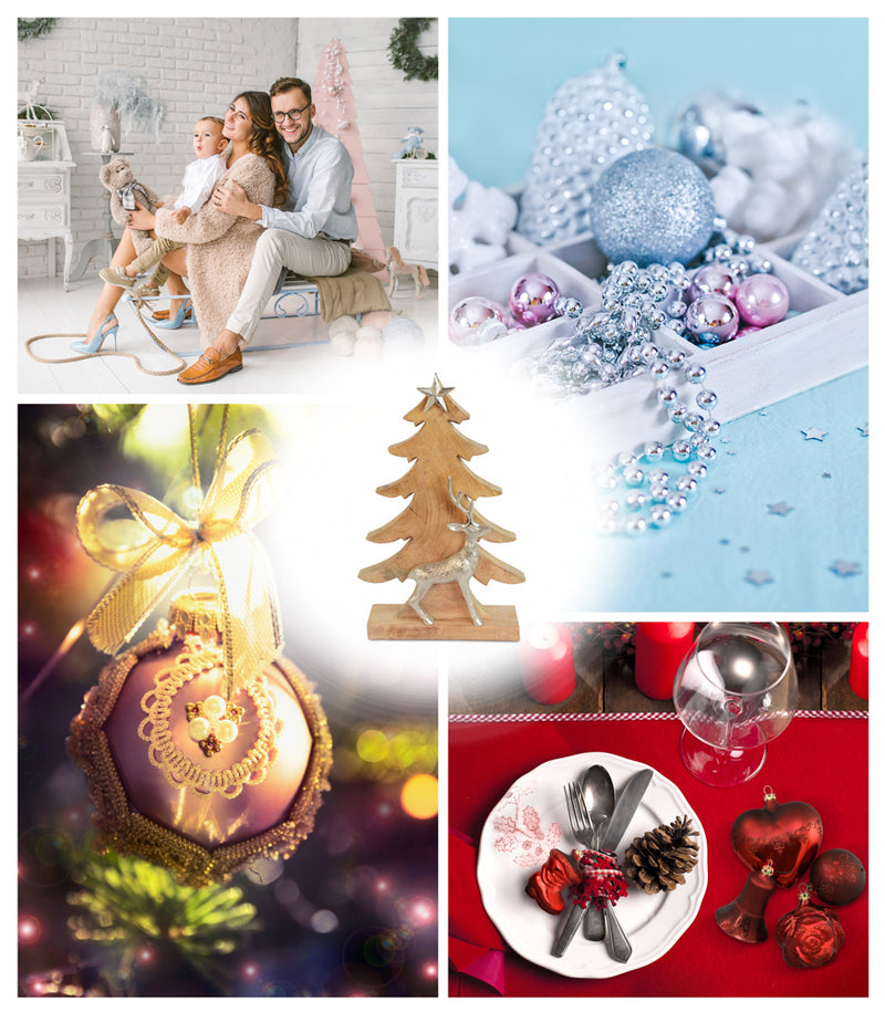 Riffelmacher Deko Weihnachtsbaum mit Hirsch 74553 - Mangoholz Aluminium - Natur Silber - 39,5 x 24,5