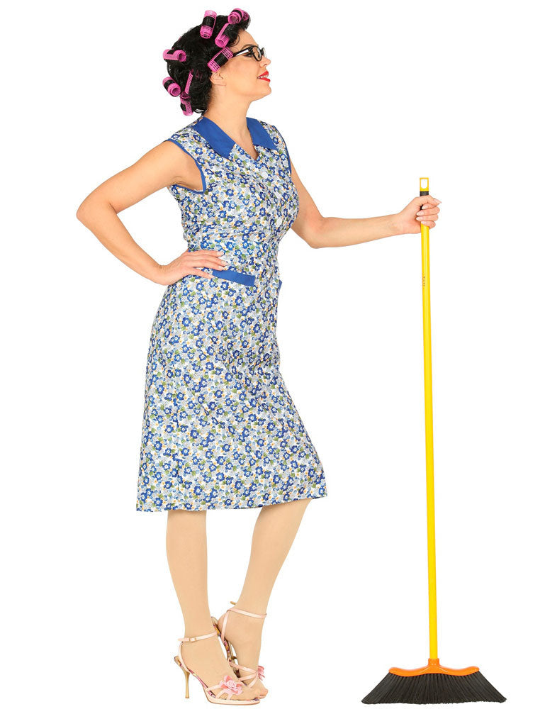 Putzfrau Kostüm für Erwachsene - Blumenkittel Blau | Hausfrau Oma Verkleidung