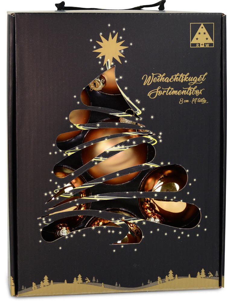 Riffelmacher Glas Weihnachtskugeln im Koffer 26270 | 14 Stück | Ø 8 cm - Gold