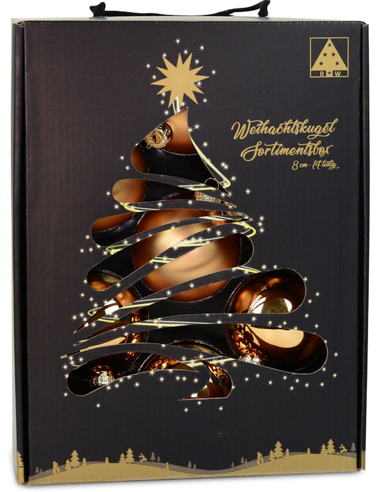 Riffelmacher Glas Weihnachtskugeln im Koffer 26270 | 14 Stück | Ø 8 cm - Gold