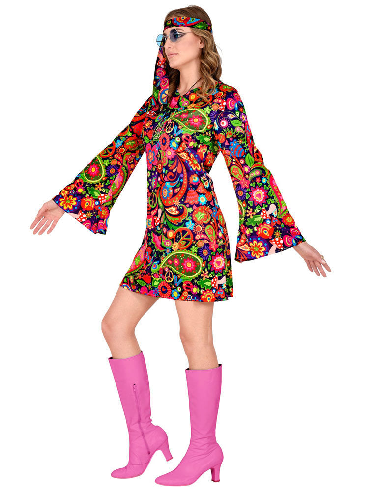 Hippie Kostüm "Love" für Damen - Pink | 70er Jahre Flower Power Kleid und Stirnband