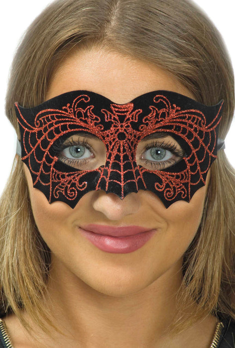 Fledermaus Augenmaske - Schwarz mit rotem Glitzer Spinnennetz