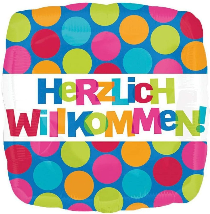 "Herzlich Willkommen" Eckiger Folienballon Polka Dots Bunt - 43 cm
