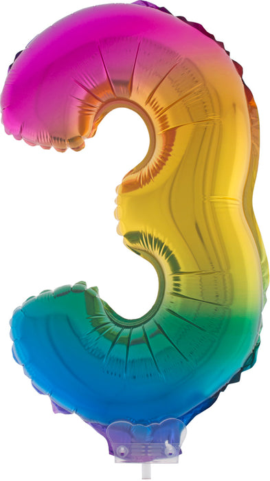 Zahlen Folienballon 41 cm mit Stab - Regenbogen Zahl 3
