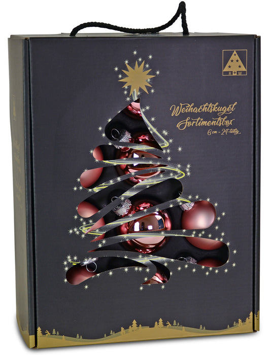 Riffelmacher Glas Weihnachtskugeln im Koffer 26255 | 24 Stück | Ø 6 cm - Altrosa