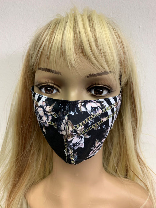 Mund Nase Stoffmaske Gesichtsmaske mit Nasenbügel | Community Fashion Maske - Rosen Streifen Schwarz