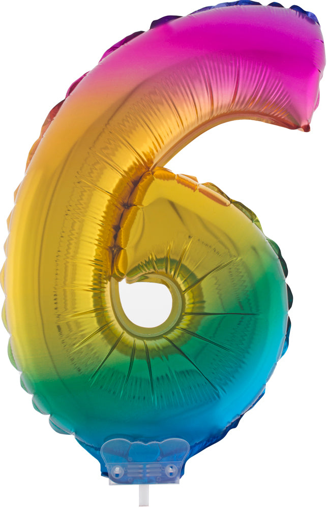 Zahlen Folienballon 41 cm mit Stab - Regenbogen Zahl 6