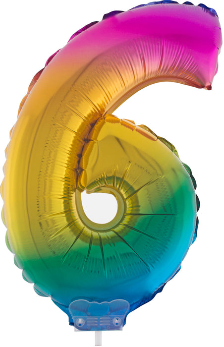 Zahlen Folienballon 41 cm mit Stab - Regenbogen Zahl 6