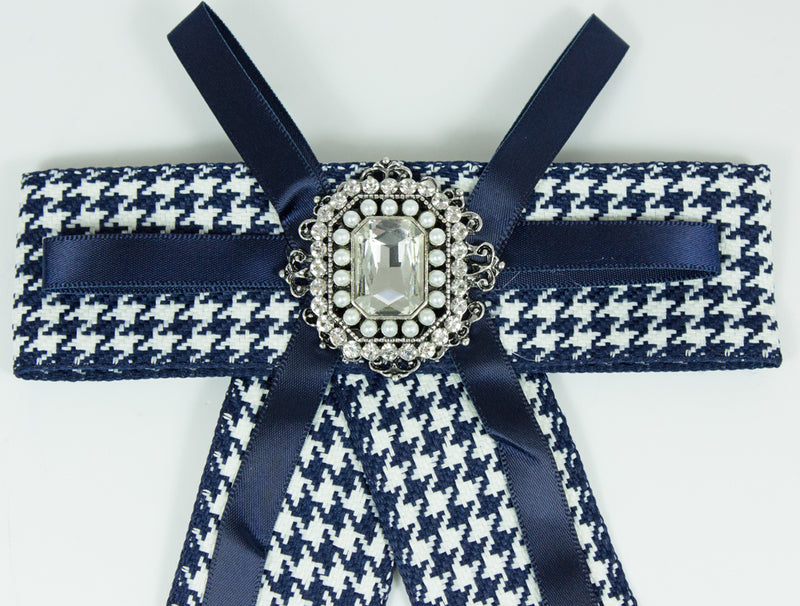 Brosche Barock Schleife mit eckigem Schmuckstein - Kariert - Blau