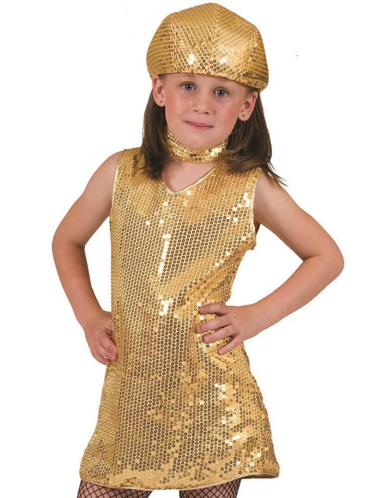 Disco Pailletten Kleid für Mädchen mit Halsband - Gold