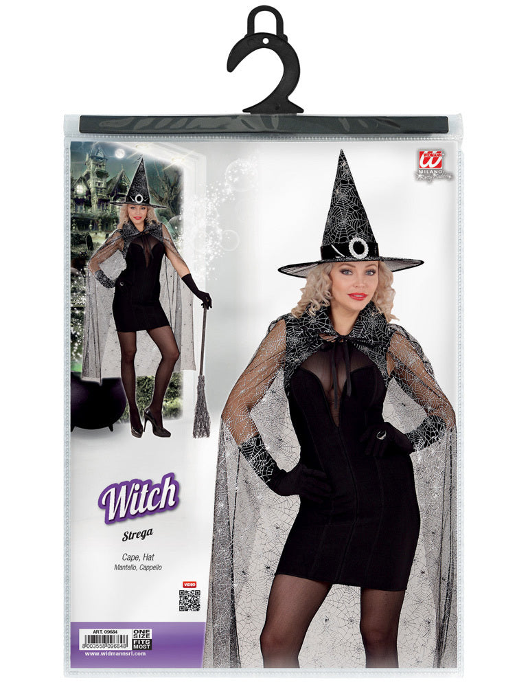 Kostümset Hexe | Glitzer Umhang und Hexenhut - Schwarz Silber