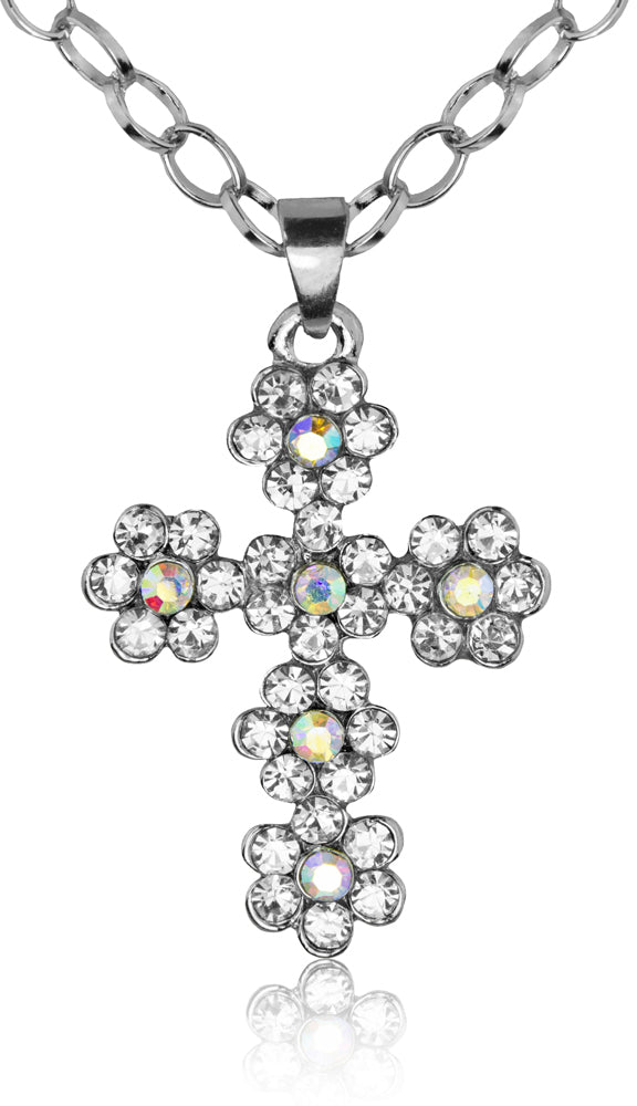 Halskette mit Kreuz aus Strass Blumen - Silber