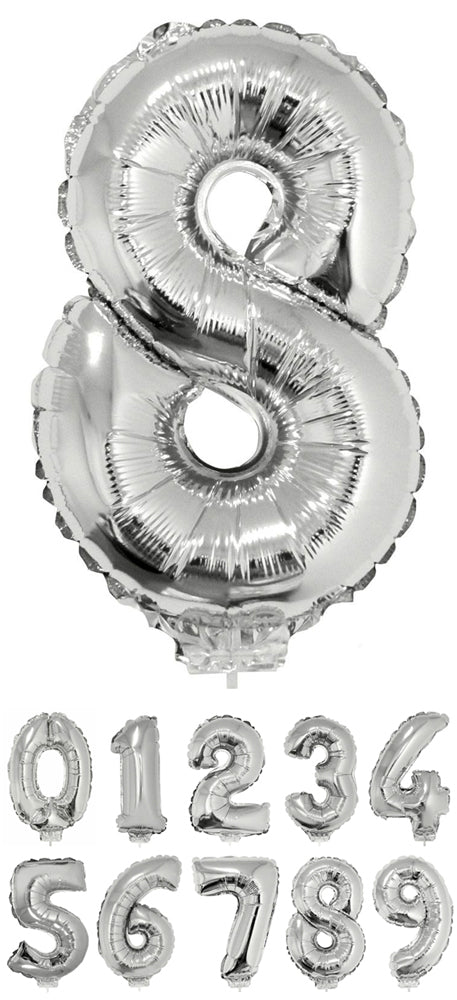 Zahlen Folienballon 41 cm mit Stab - Silber | Dekoration Geburtstag Jahrestag