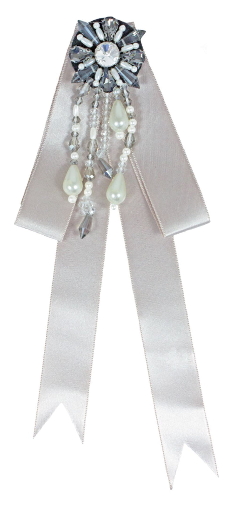 Brosche Barock Schleife mit Schmuckstein und Perlenketten - Grau