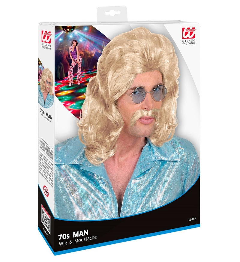 70er Jahre Perücke "Tommy" mit Schnurrbart für Herren - Blond
