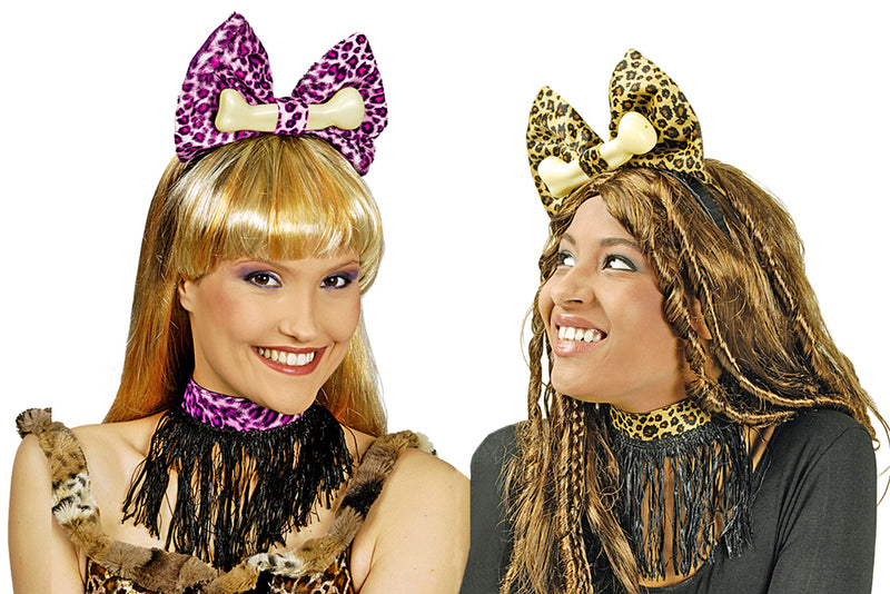 Leoparden Kostümset 3-tlg. Rosa - Schleife, Knochen und Halsband zum Kostüm Neandertaler Steinzeit