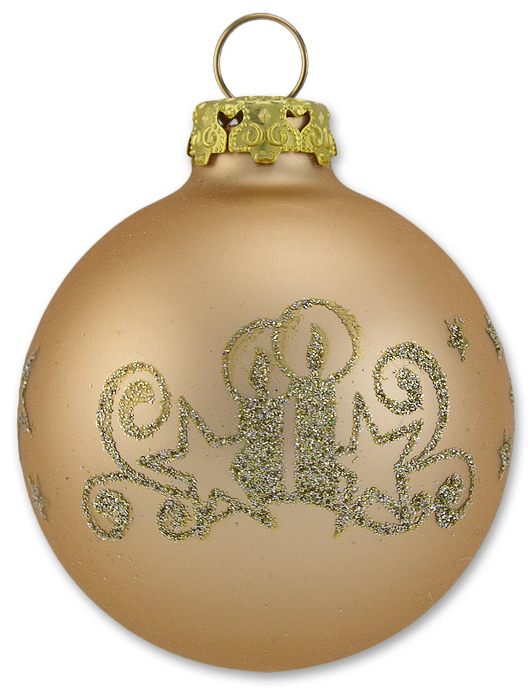 Thüringer Glasdesign Weihnachtskugel-Set 8cm 12-tlg. - Gold mit Glitzer Dekor Kerze - A012-0808-1340