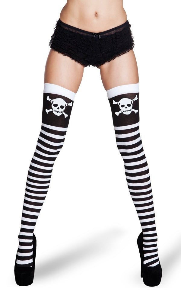 Halterlose Strümpfe Pirat für Damen - Schwarz Weiß mit Totenkopf