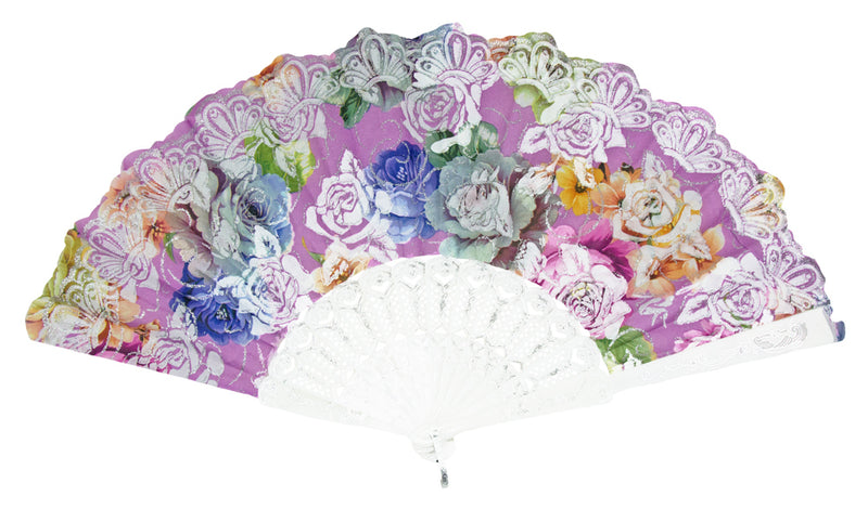 Glitzer Handfächer mit Rosen - Weiß / Lila