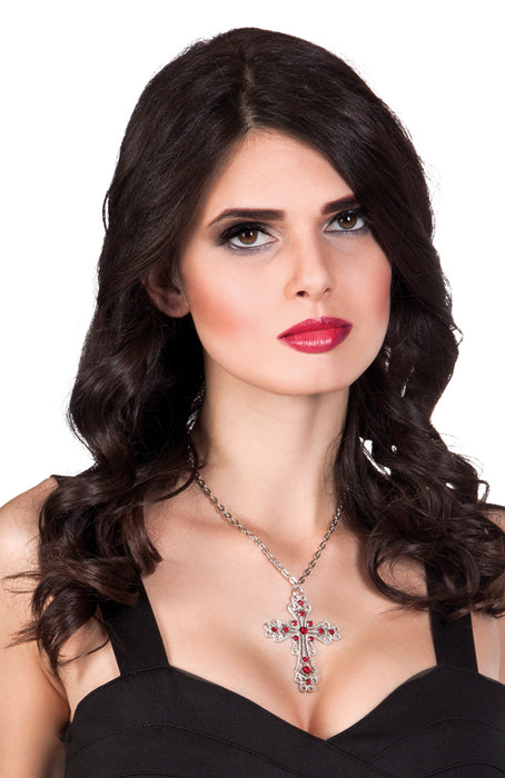 Halskette mit Ornamentkreuz mit Strass - Silber / Rot