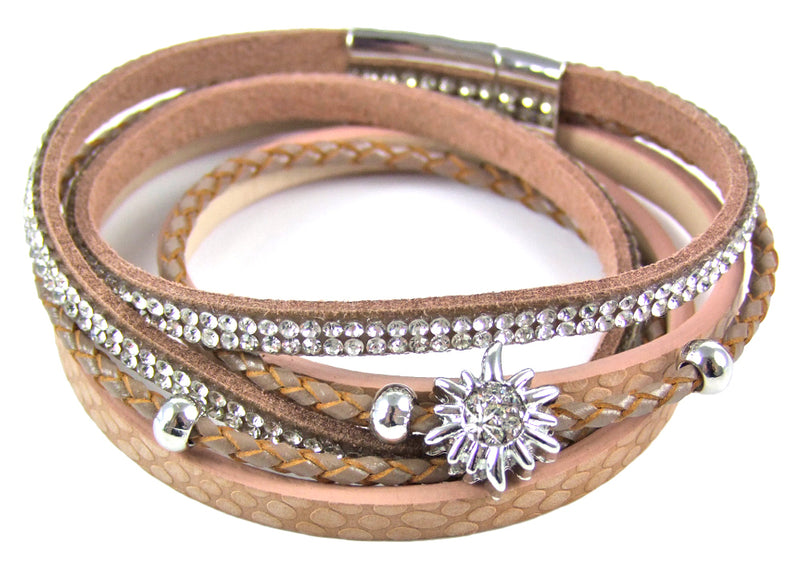 Wickelarmband mit Strass und Edelweiß - Braun