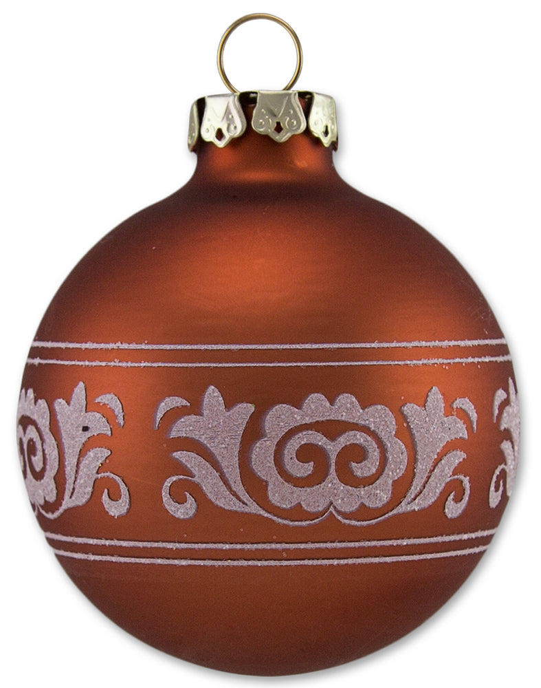 Thüringer Glasdesign Weihnachtskugel-Set 6cm 12-tlg. - Kupfer mit Glitzer Dekor Romantikbordüre - A0
