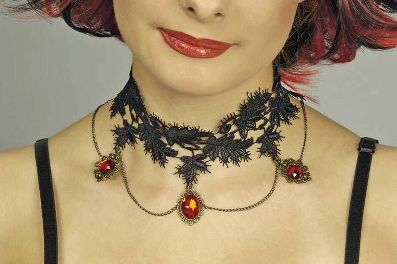 Barock Collier - Halskette aus Spitze mit Schmucksteinen - Schwarz