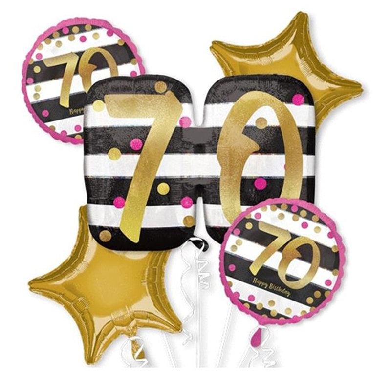 "Pink & Gold Milestone 70" Folienballon Bouquet 70. Geburtstag - Gold / Schwarz / Pink  - 5 Ballons