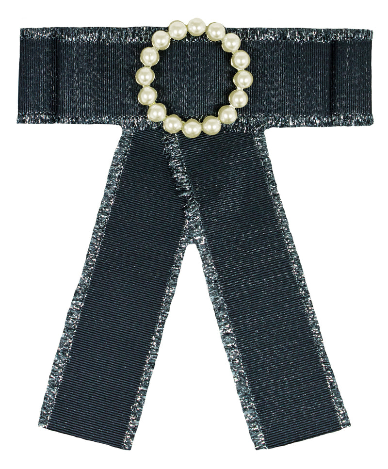 Brosche Barock Schleife mit Perlenkranz und Fransen - Schwarz