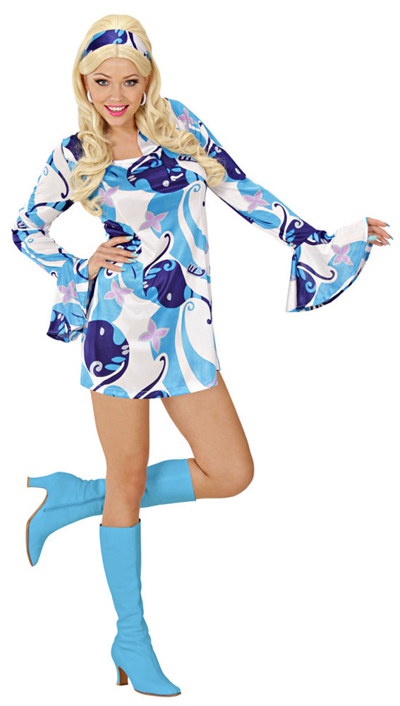 70er Jahre Lady Retro Kostüm - Hippie Partykleid mit Haarband - Blau