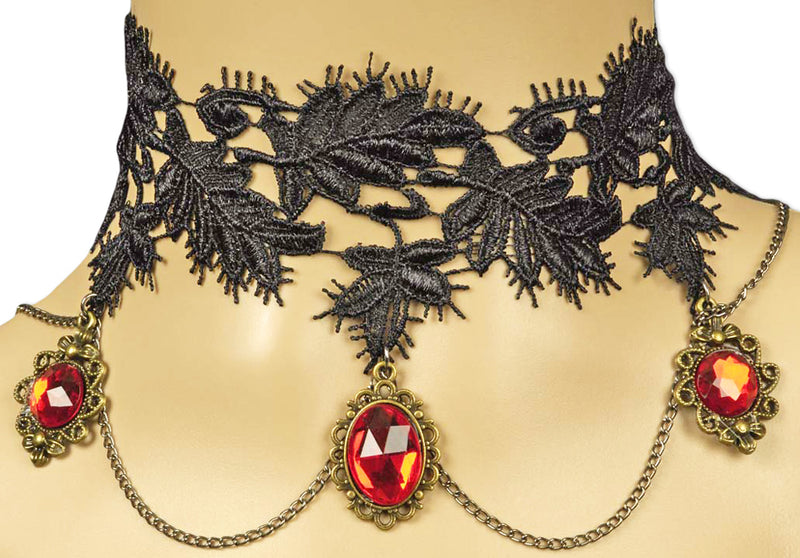 Barock Collier - Halskette aus Spitze mit Schmucksteinen - Schwarz