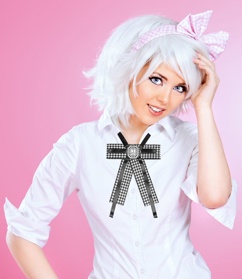 Brosche Barock Schleife mit eckigem Schmuckstein - Kariert - Schwarz