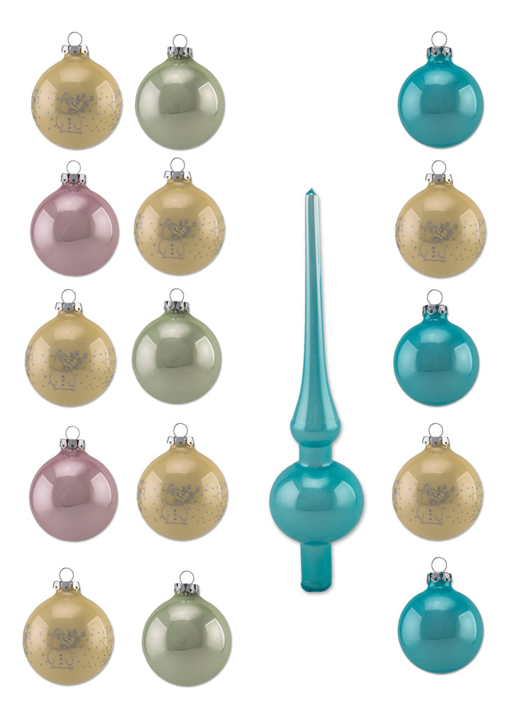 Thüringer Glasdesign Weihnachtskugel-Set 16-tlg. - Pastell mit Glitzer Dekor Lustige Schneemänner -