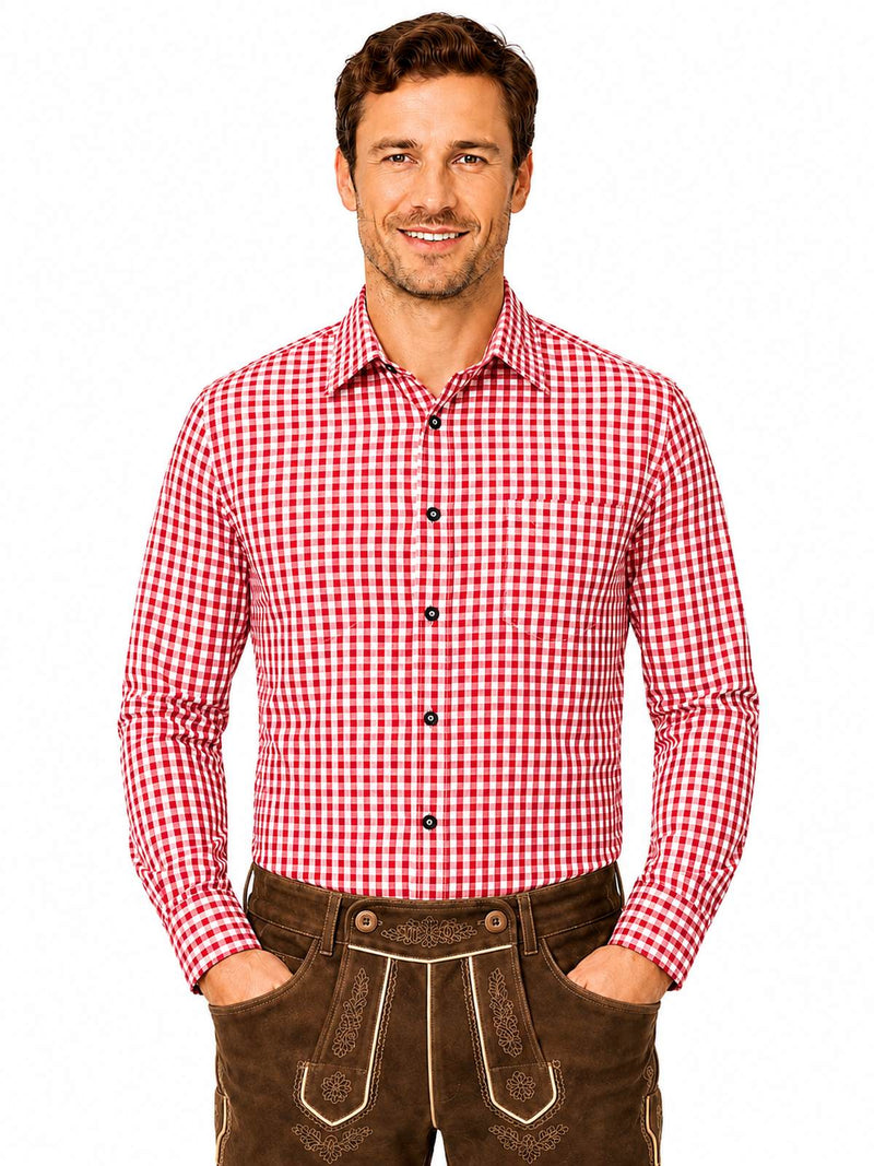 Trachtenhemd Herren Anton Rot Weiß Kariert | Oktoberfest Hemd mit Brusttasche | Langarmhemd mit Krempelärmeln