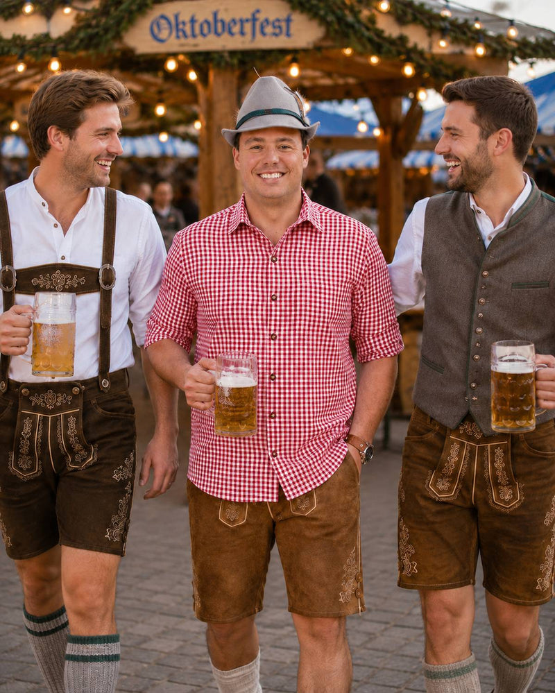 Trachtenhemd Herren Anton Rot Weiß Kariert | Oktoberfest Hemd mit Brusttasche | Langarmhemd mit Krempelärmeln