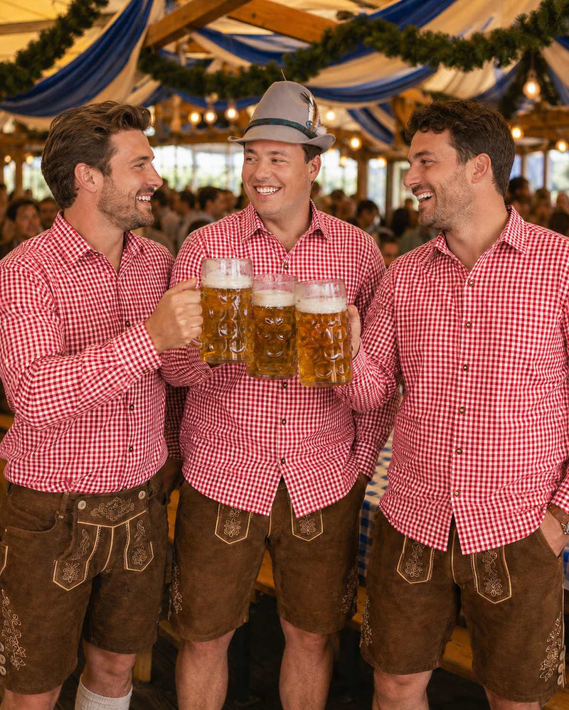 Trachtenhemd Herren Anton Rot Weiß Kariert | Oktoberfest Hemd mit Brusttasche | Langarmhemd mit Krempelärmeln