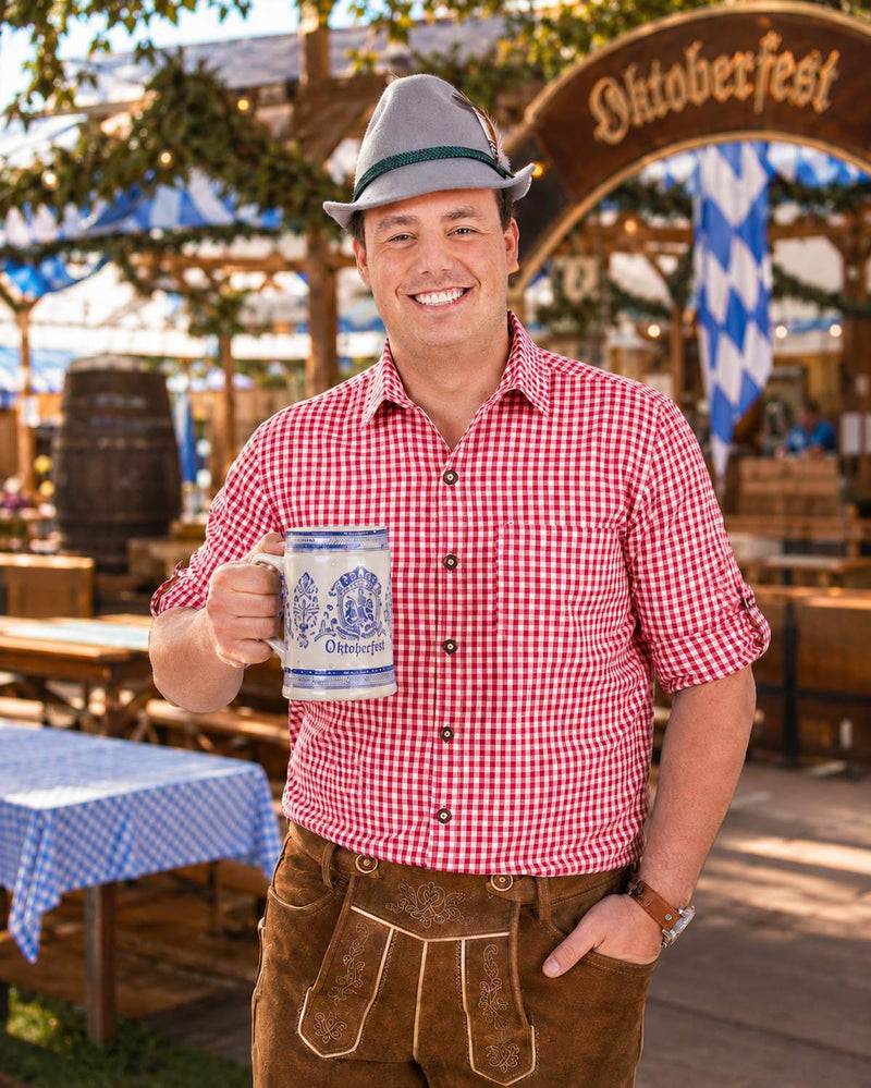 Trachtenhemd Herren Anton Rot Weiß Kariert | Oktoberfest Hemd mit Brusttasche | Langarmhemd mit Krempelärmeln