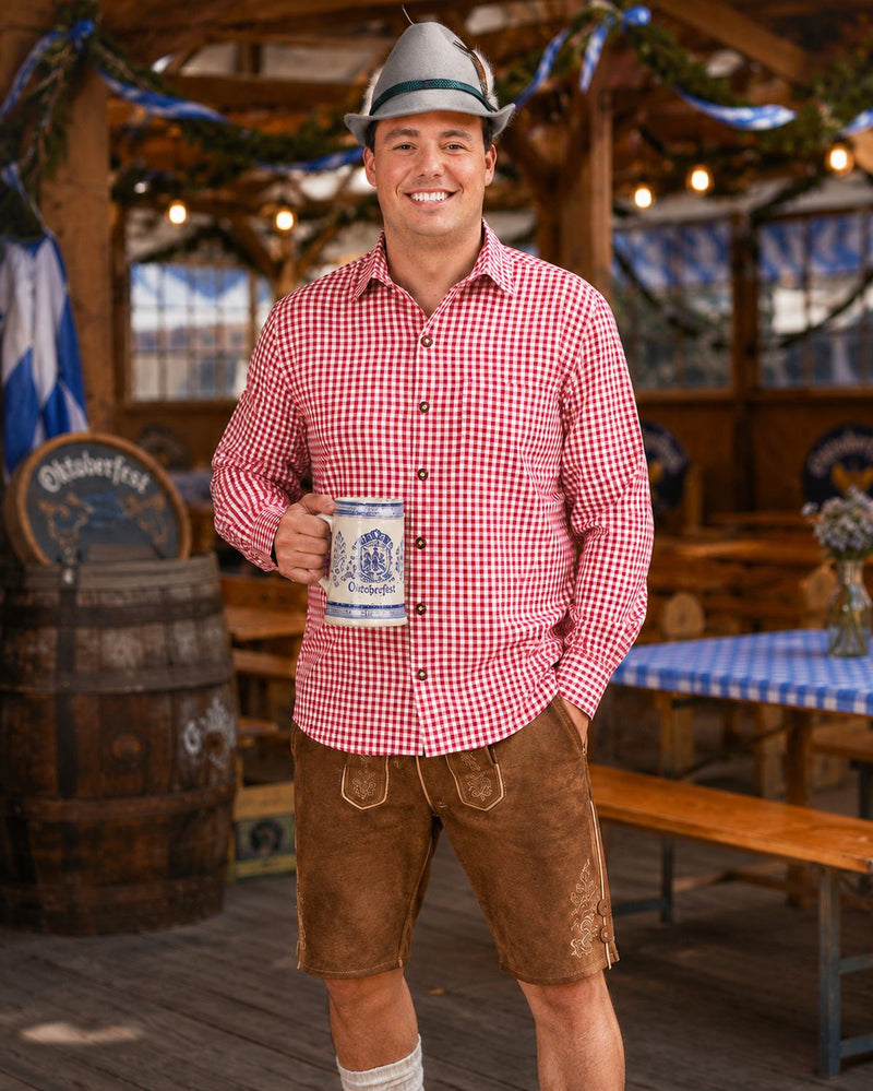 Trachtenhemd Herren Anton Rot Weiß Kariert | Oktoberfest Hemd mit Brusttasche | Langarmhemd mit Krempelärmeln