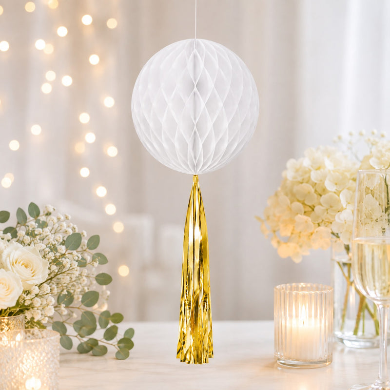 Papier Wabenball mit Goldfolien-Quaste | Weiß