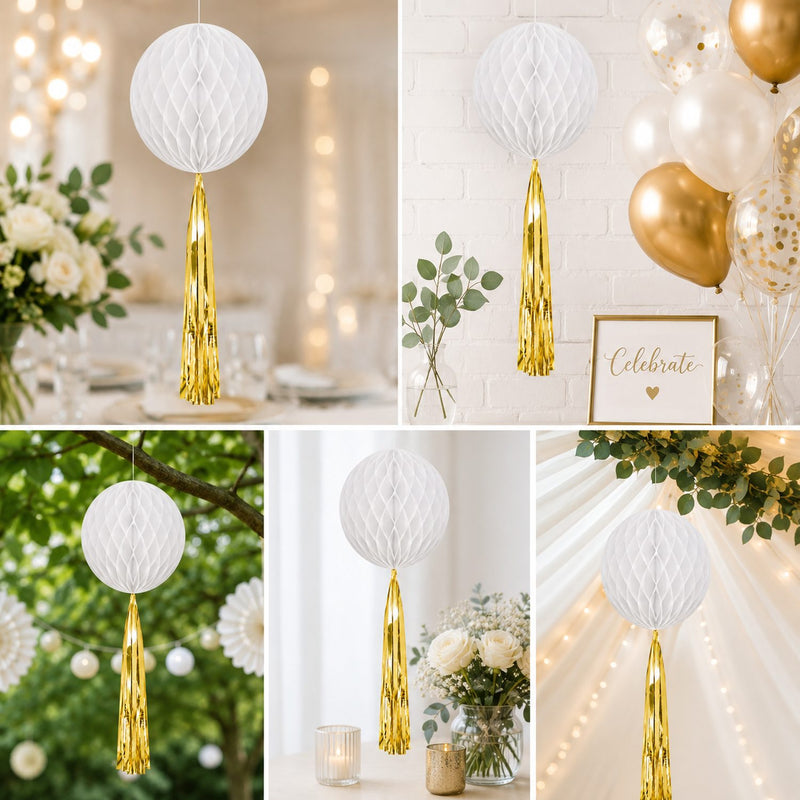 Papier Wabenball mit Goldfolien-Quaste | Weiß