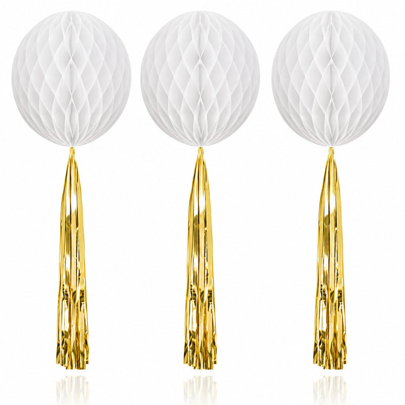 Papier Wabenball mit Goldfolien-Quaste | Weiß
