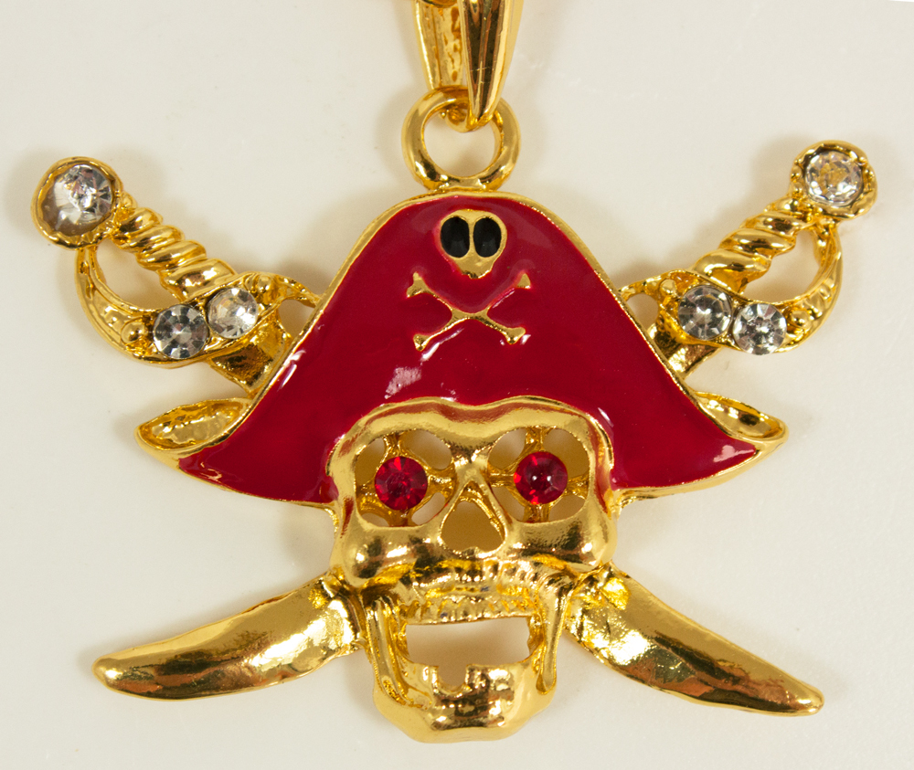 Gold Rot Schmuck Karneval Mottoparty Halskette mit Piraten Totenkopf Medaillon 