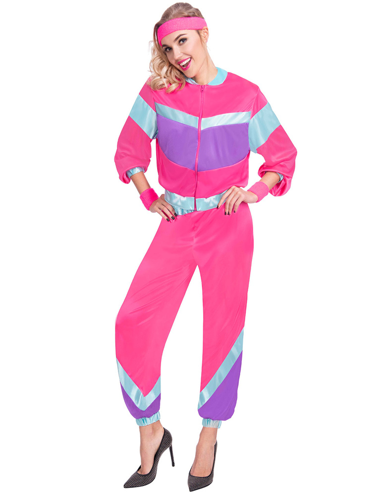 80er Jahre Shell Suit Trainingsanzug Damen Mottoparty Neon Lila Pink Fasnacht 